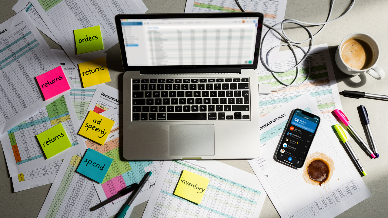 Mesa de trabalho desorganizada com laptop, planilhas e anotações espalhadas, simbolizando a gestão de e-commerce caótica.