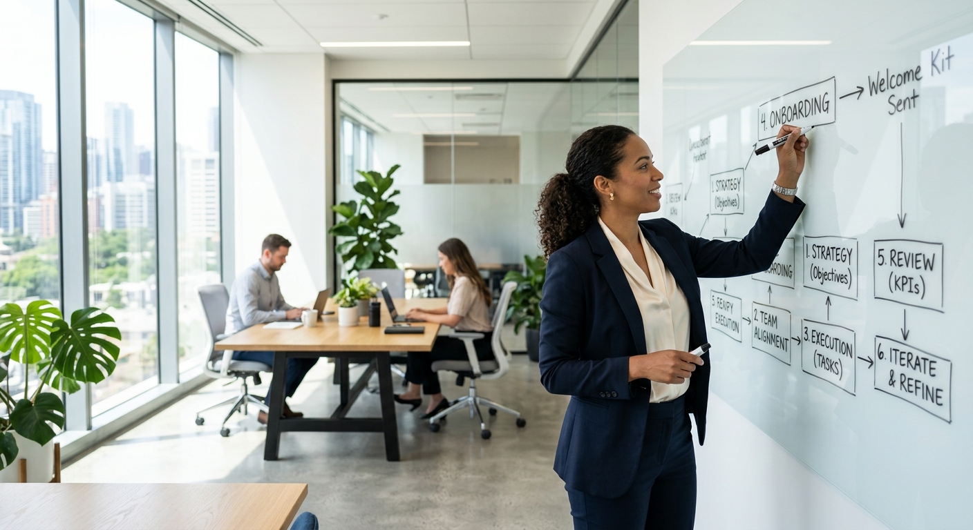 Empresário escrevendo etapas de processo em quadro branco em escritório moderno