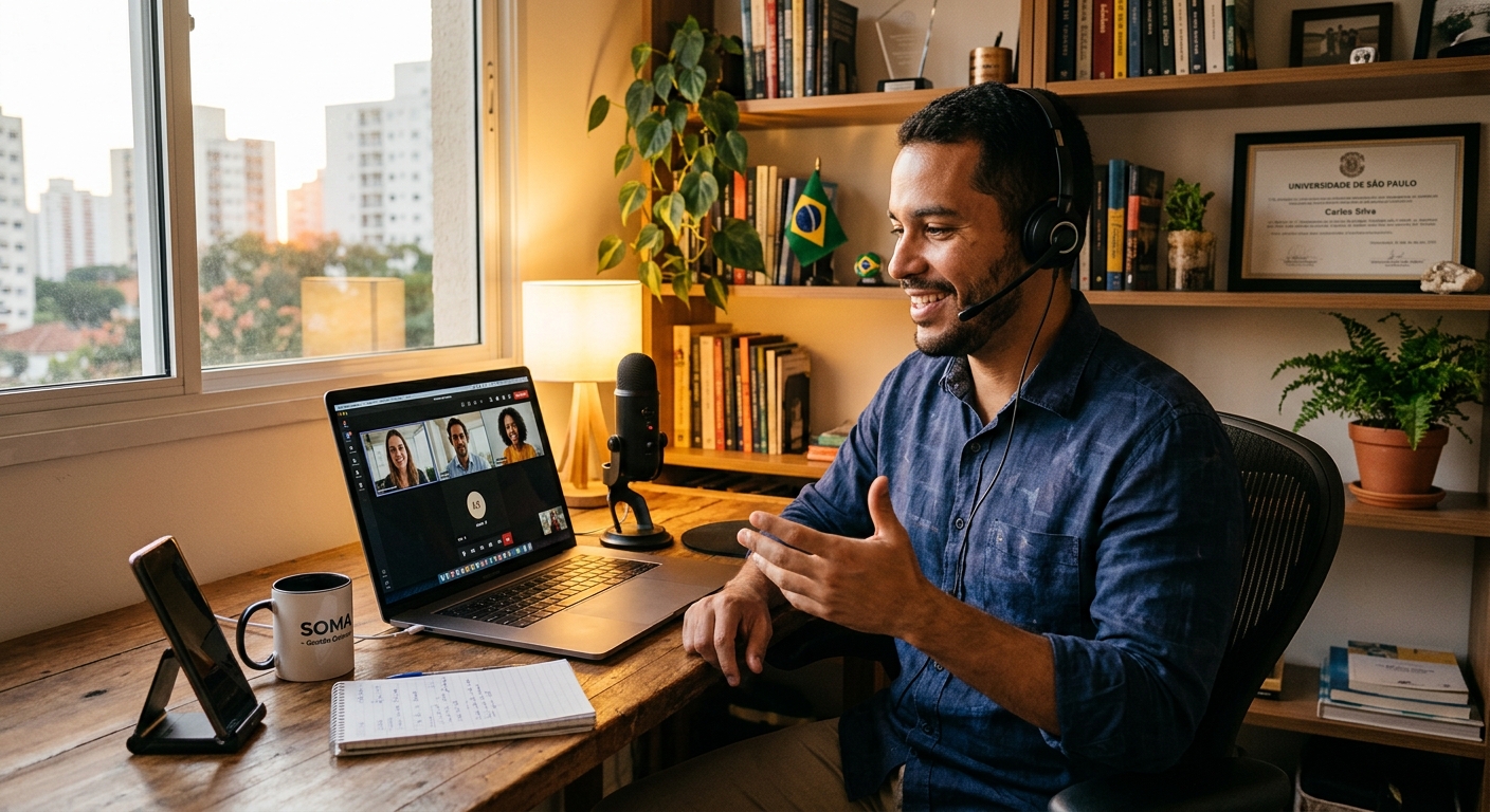 Empreendedor brasileiro se comunicando com clientes via videoconferência em casa