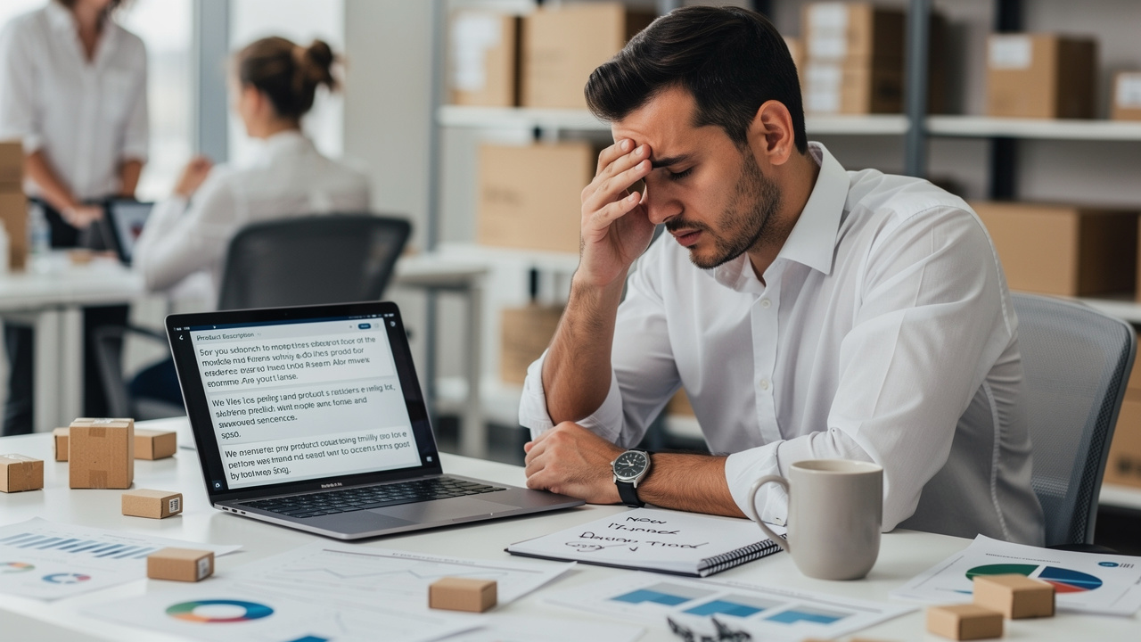 Gestor de e-commerce frustrado revisando descrições de produtos ruins no computador