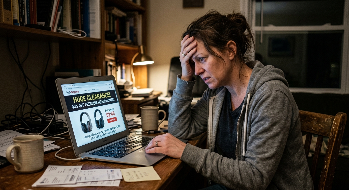 Consumidor frustrado lendo anúncio enganoso na internet