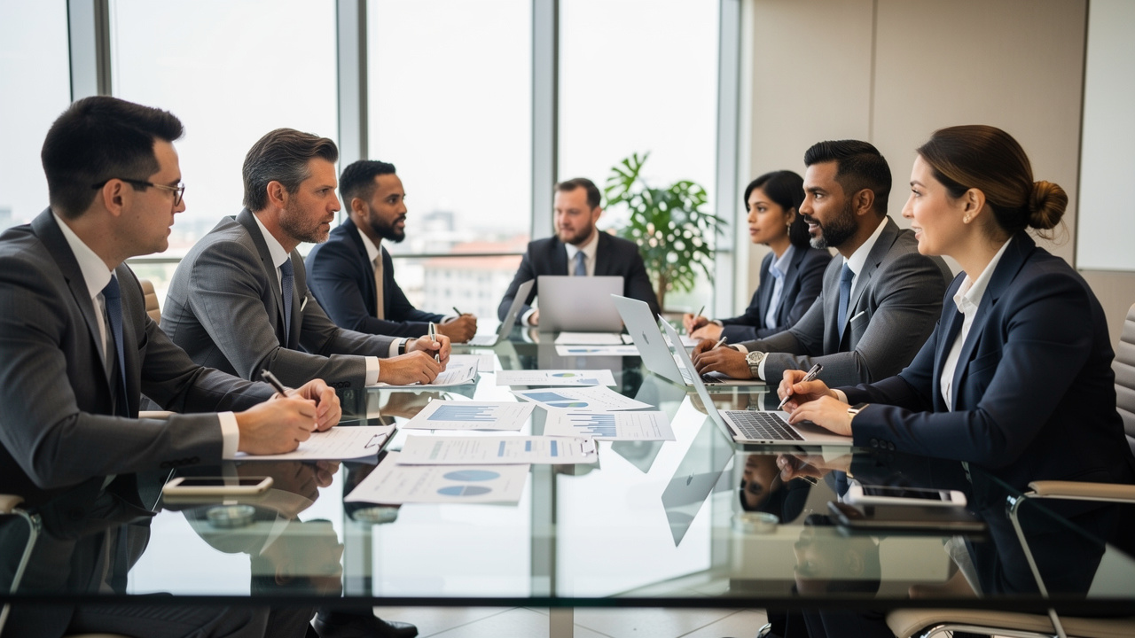 Executivos reunidos em sala de reunião moderna revisando documentos de governança corporativa