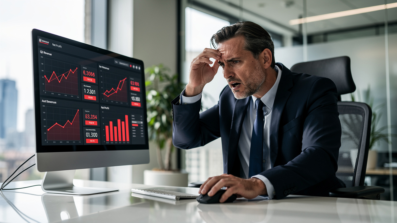 Gestor frustrado analisando gráficos de queda financeira em escritório moderno