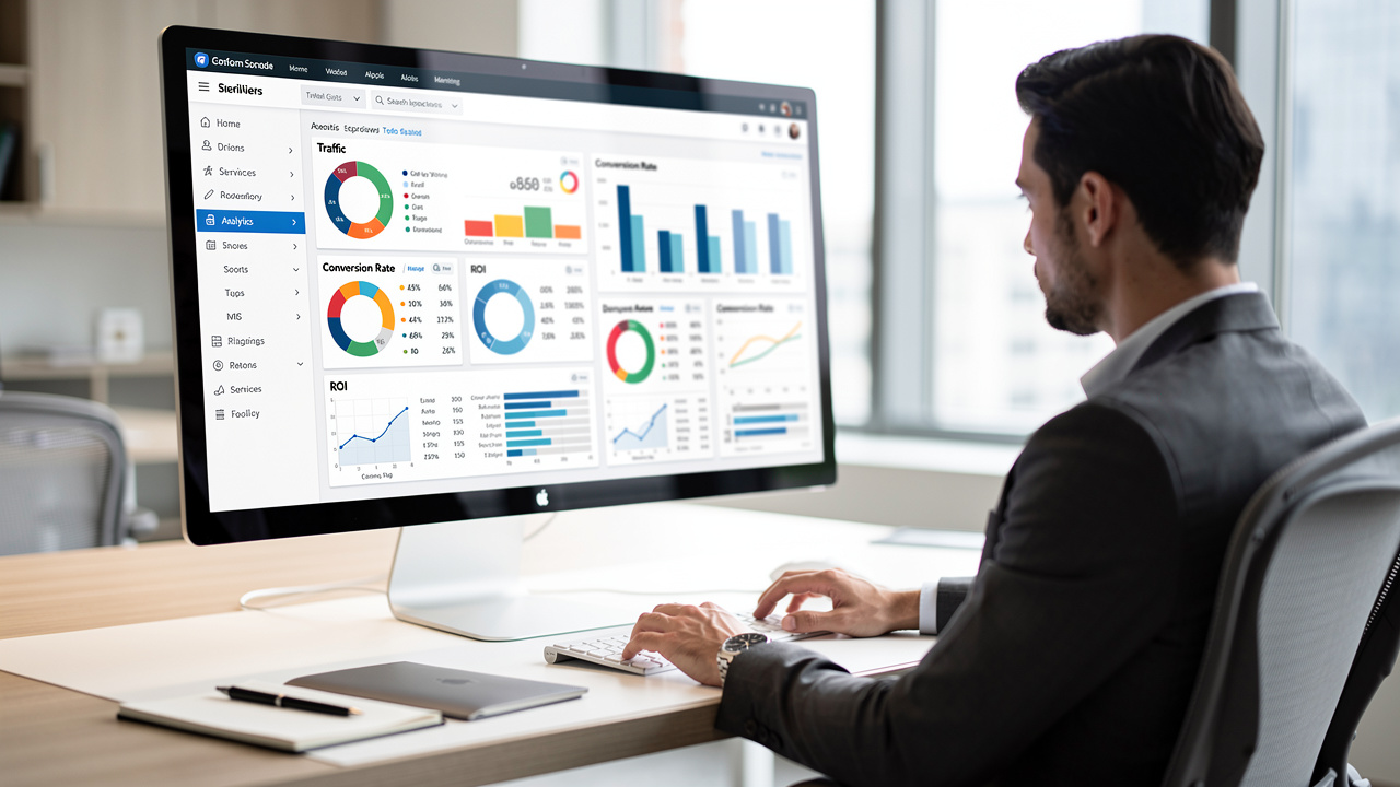 Gerente de marketing analisando painel de dados em monitor grande em escritório moderno