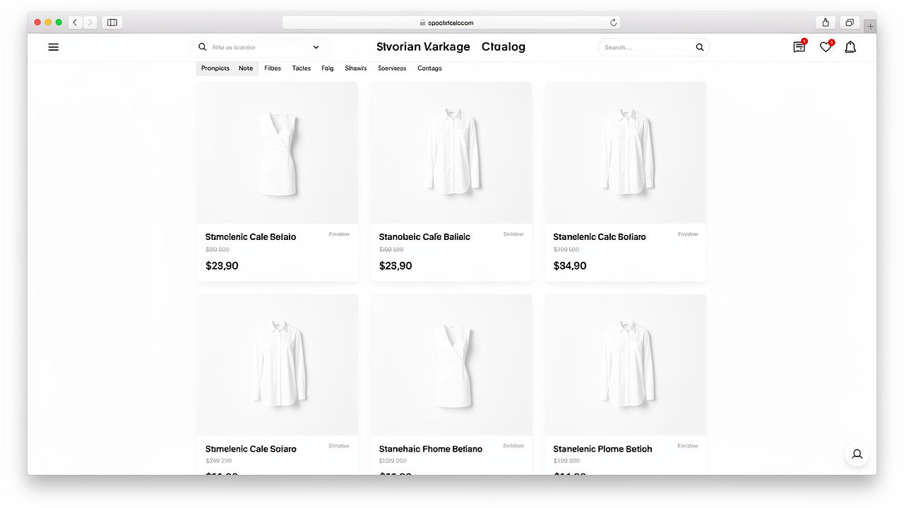Página de catálogo de e-commerce organizado com fotos padronizadas e descrições completas