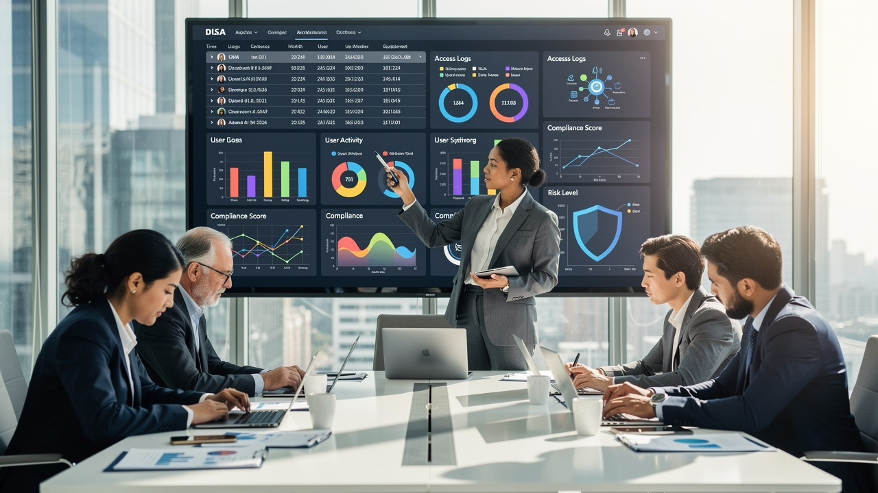 Equipe de profissionais analisando painel digital com logs de acesso e métricas de compliance