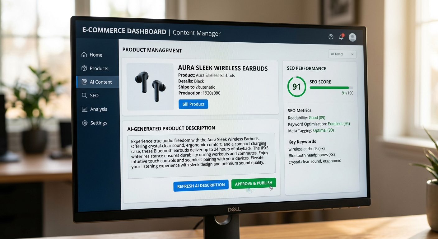 Tela de computador exibindo um painel de e-commerce com descrições de produtos geradas por IA e pontuações de SEO
