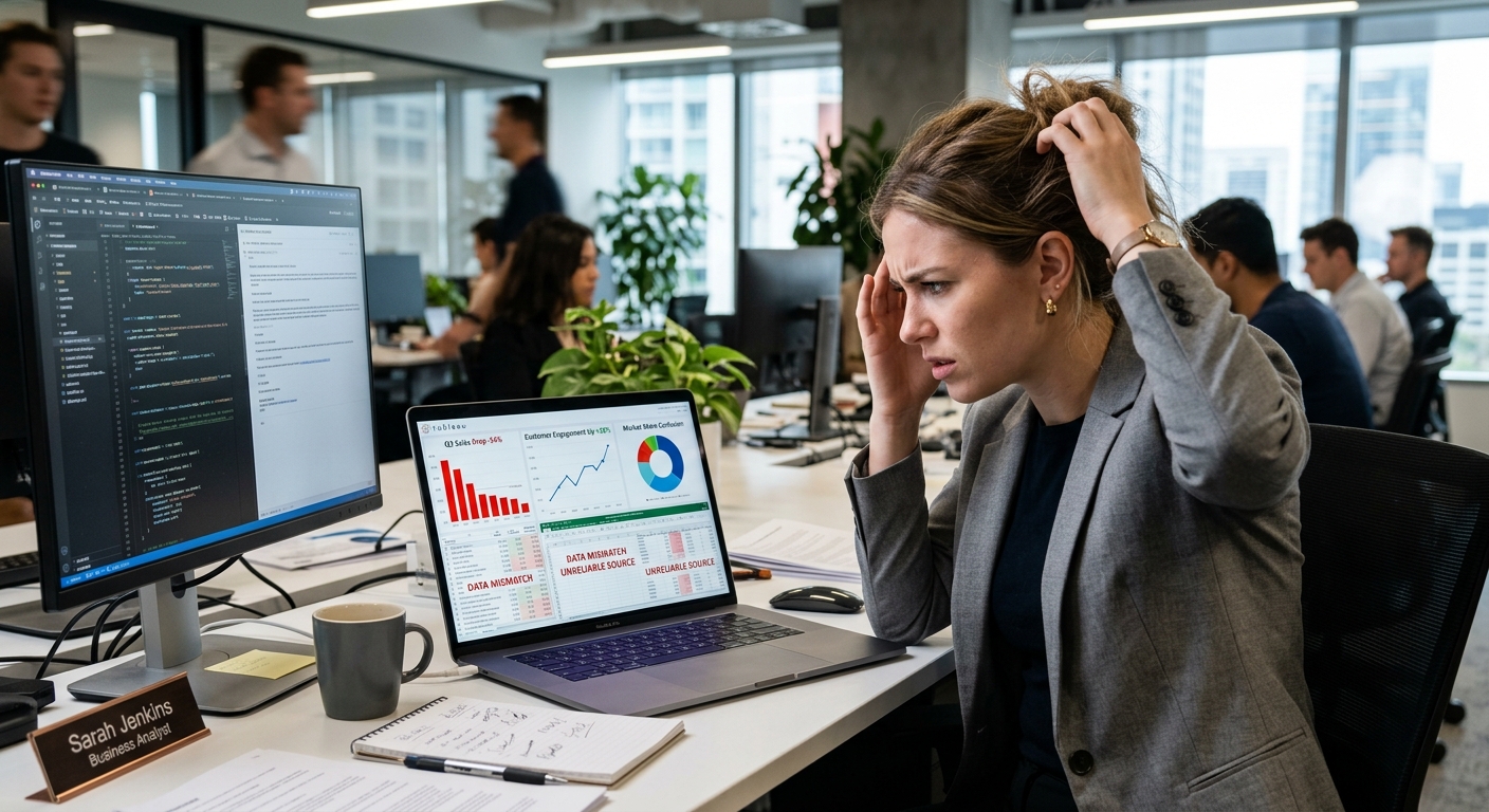 Analista de negócios frustrado diante de gráficos com dados contraditórios em escritório moderno