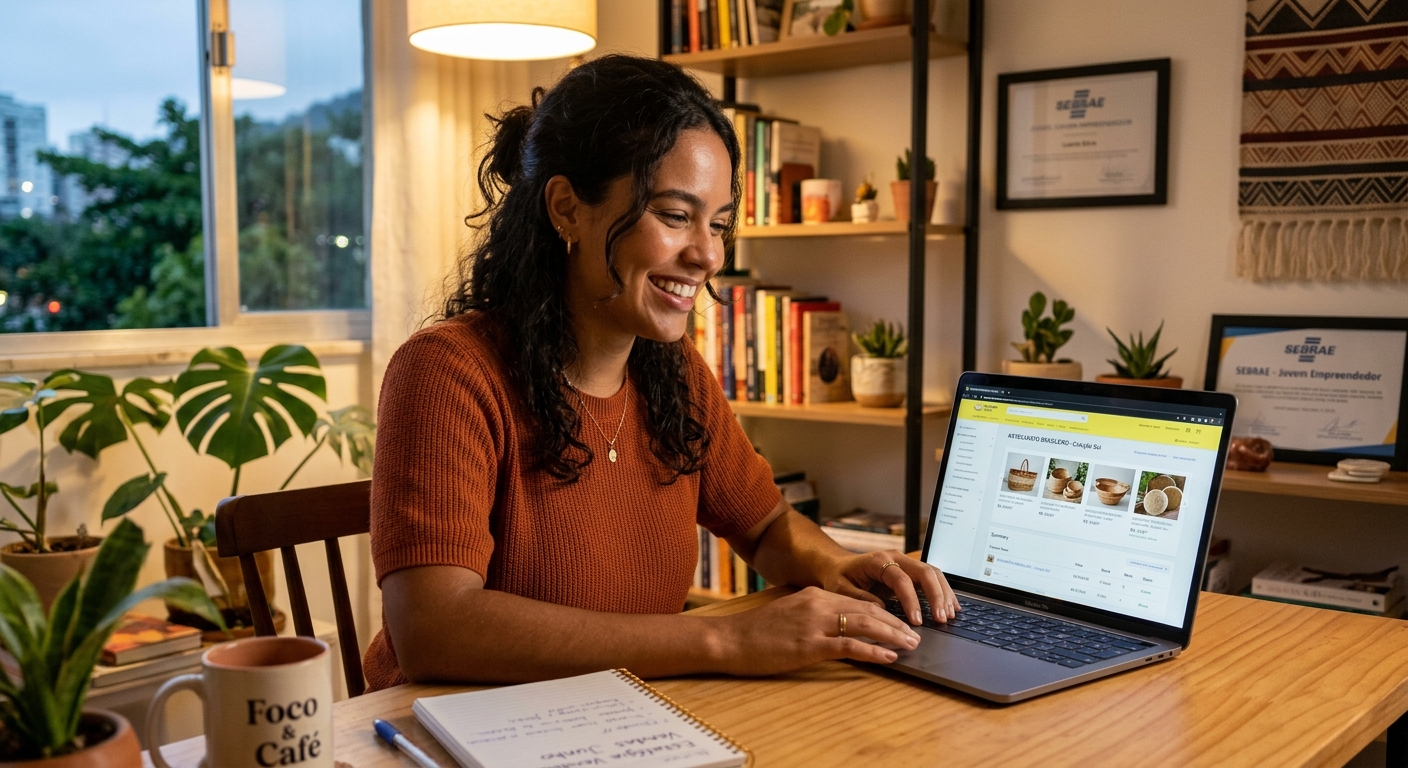 Empreendedor brasileiro sorrindo ao visualizar listagem de produtos em notebook no home office