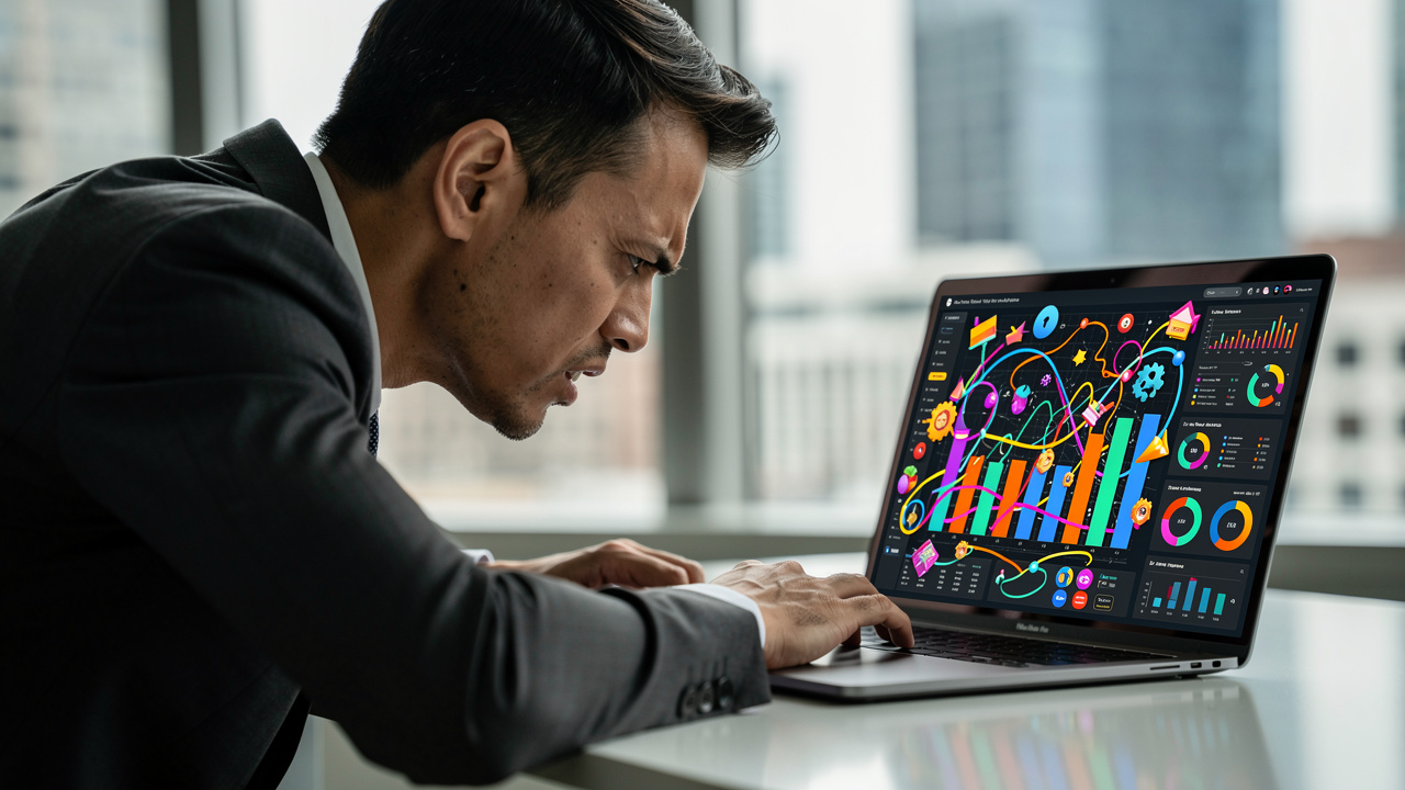 Empreendedor frustrado olhando dashboard com métricas de vaidade em escritório