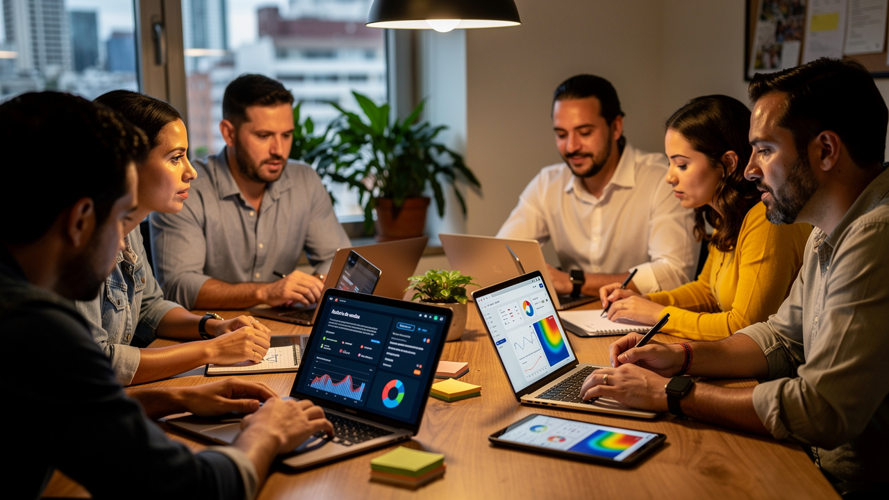 Equipe de pequena empresa brasileira colaborando com ferramentas de inteligência artificial em reunião
