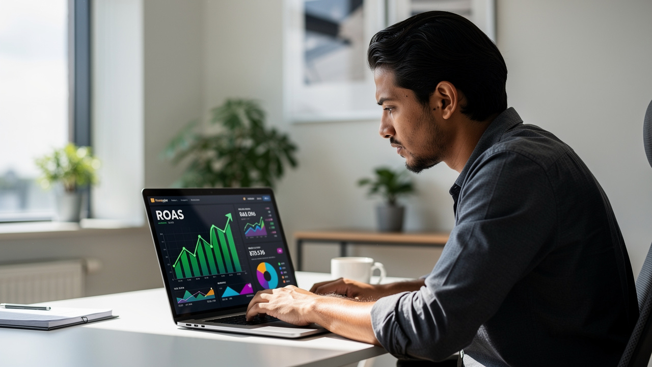 Gestor de e-commerce analisando dashboard com ROAS alto em laptop no escritório