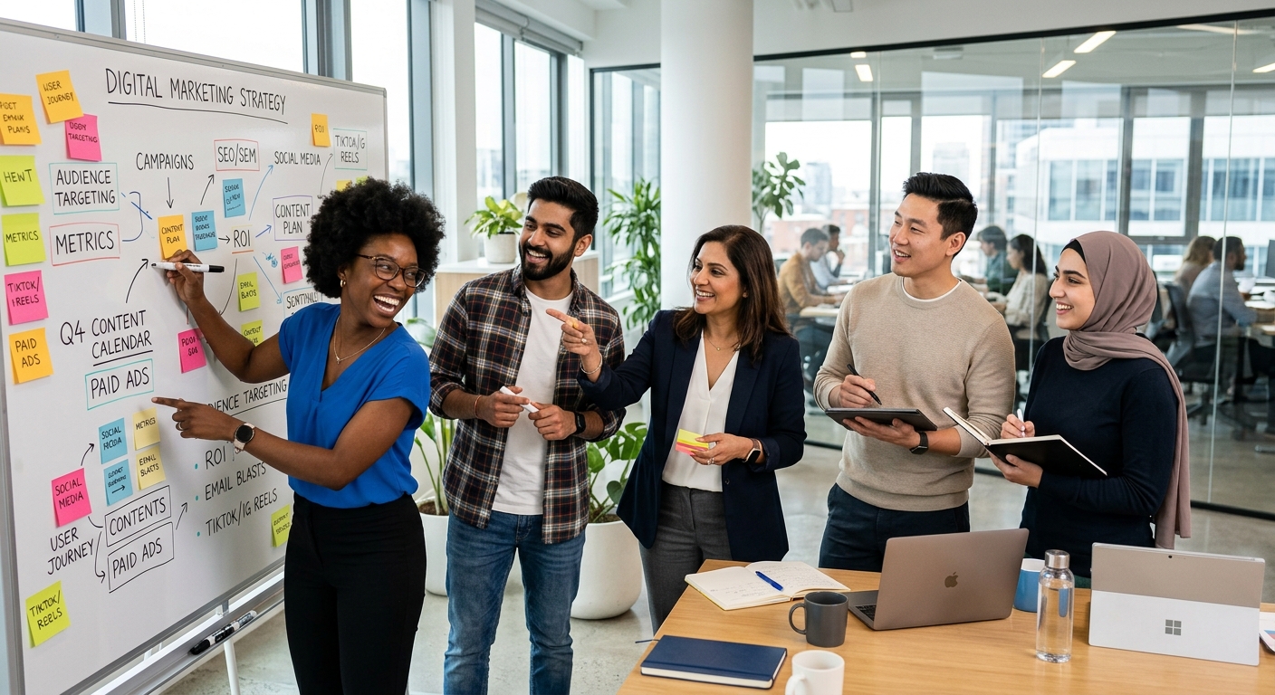 Equipe diversa colaborando em estratégia de marketing digital com quadro branco em escritório moderno