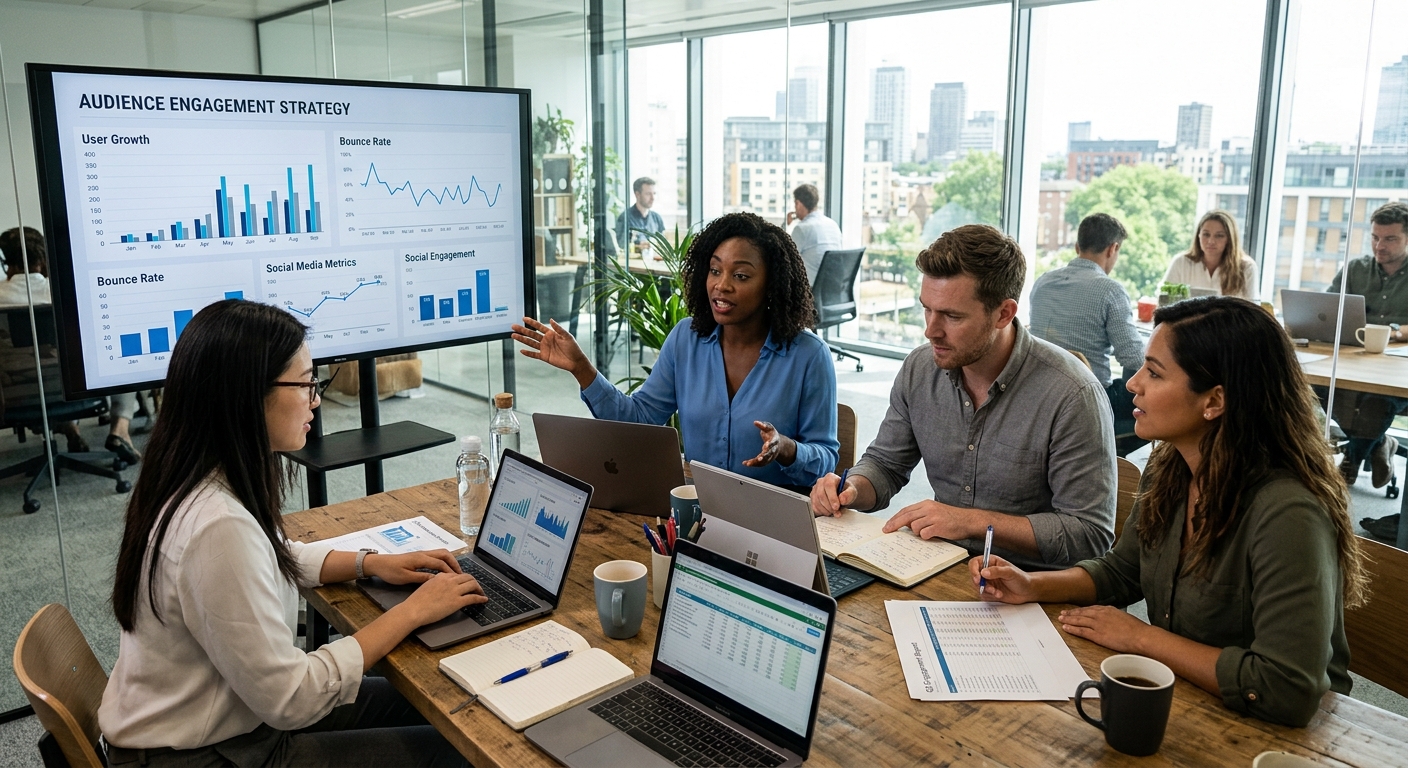 Profissionais de marketing discutindo estratégias e analisando dados em ambiente de trabalho moderno