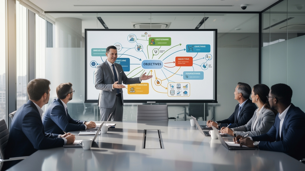 Líder apresentando painel de planejamento estratégico conectado para equipe em sala moderna
