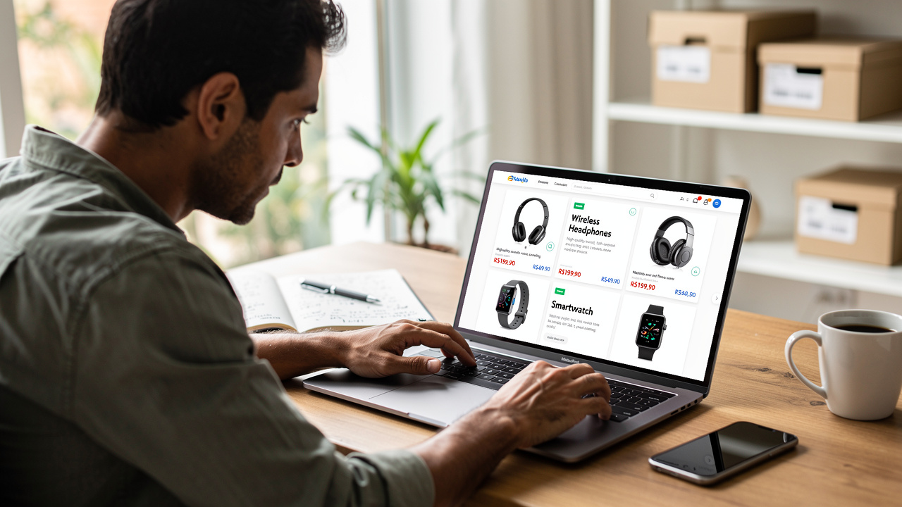 Empreendedor editando catálogo de produtos no laptop com títulos, descrições e imagens de marketplace