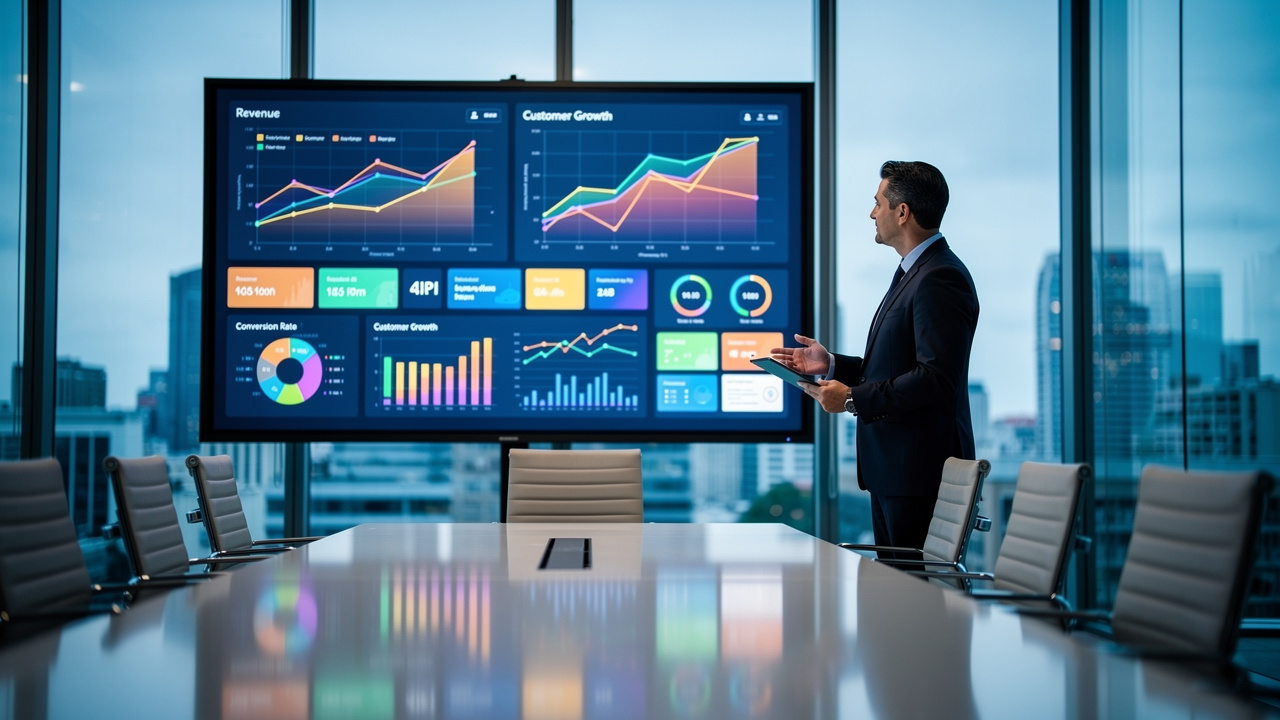 Executivo analisando dados em tempo real gerados por inteligência artificial em sala corporativa