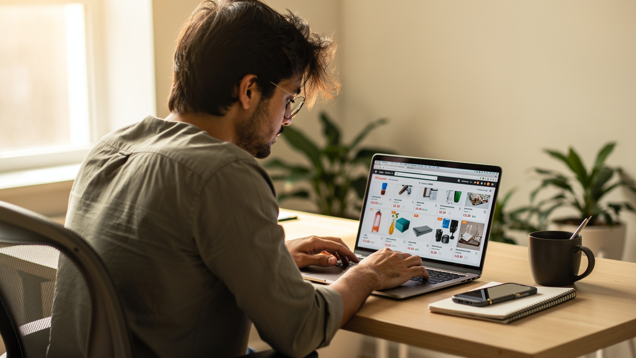 Empreendedor brasileiro navegando em produtos do AliExpress e Shopee no computador