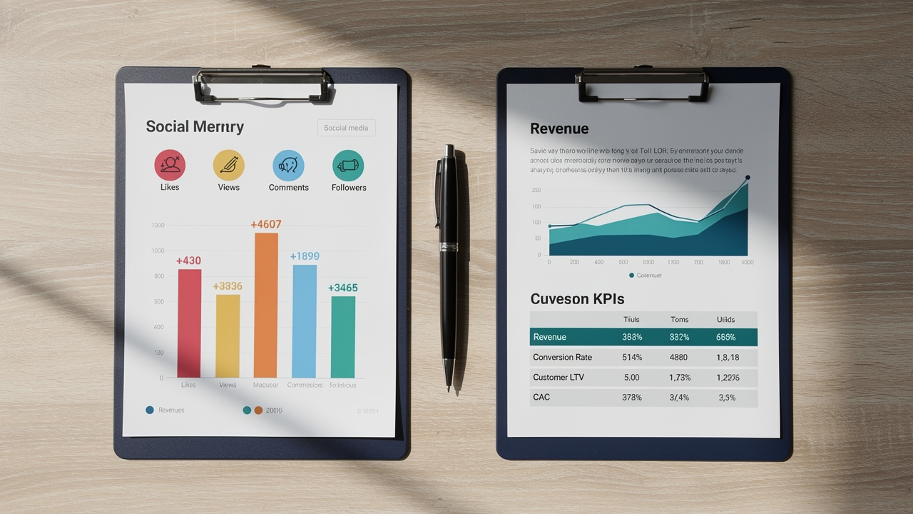 Dois pranchetas comparando métricas de vaidade com KPIs reais de negócio