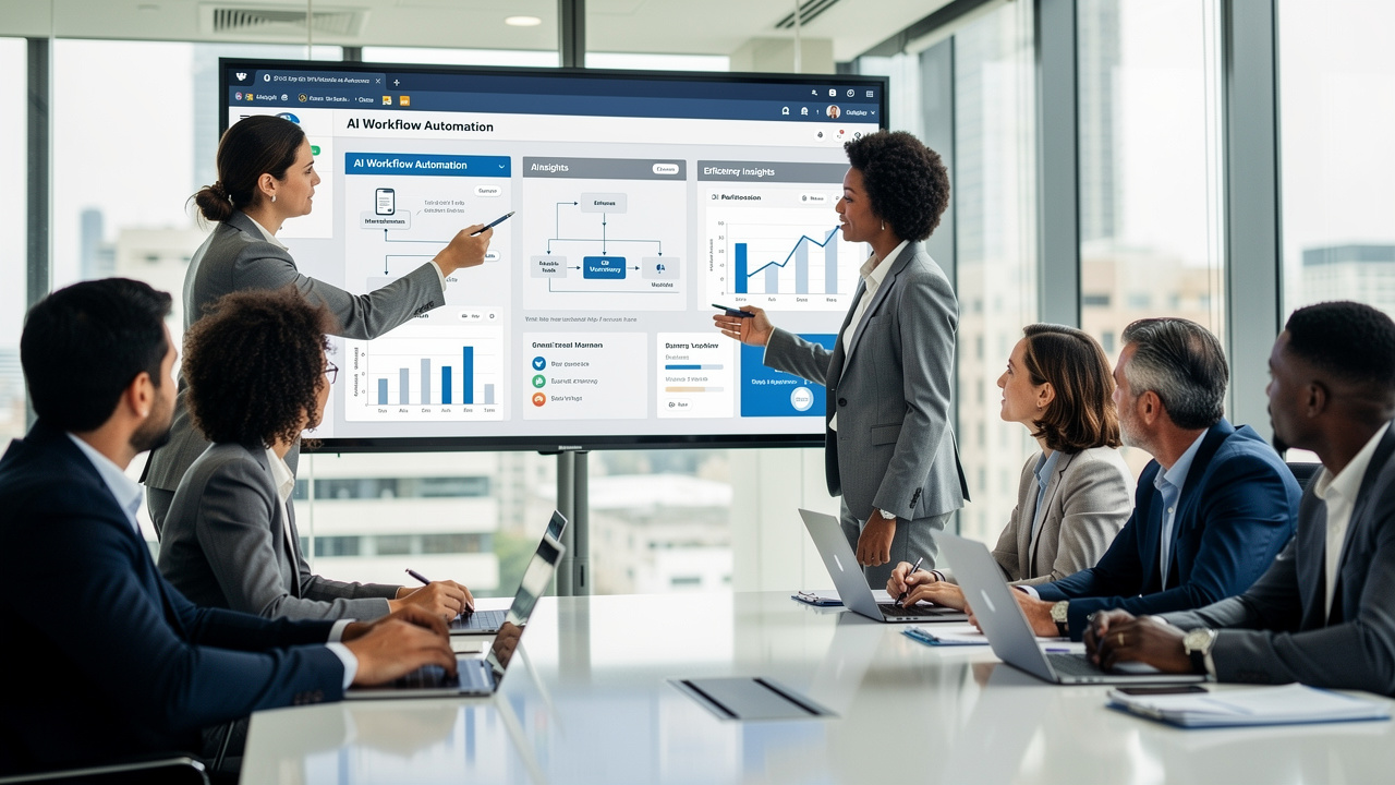 Equipe brasileira de negócios analisando painel de automação com inteligência artificial em reunião
