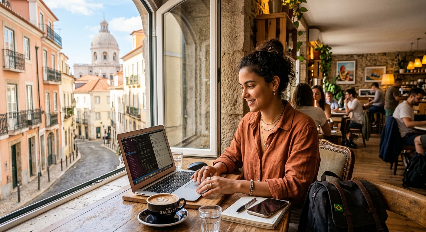 Uma jovem nômade digital brasileira trabalhando em um café vibrante em Lisboa, Portugal, com luz natural.