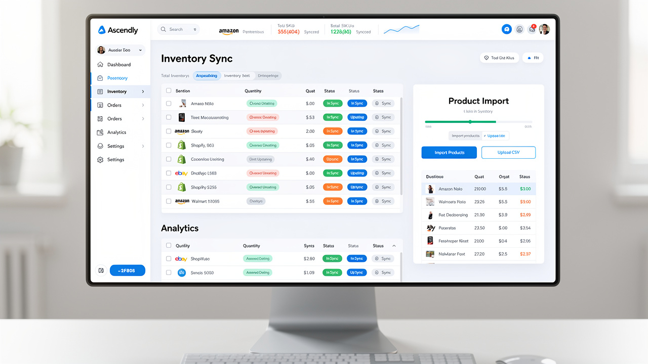 Dashboard da Ascendly mostrando sincronização de estoque em tempo real entre múltiplos marketplaces com interface de importação de produtos