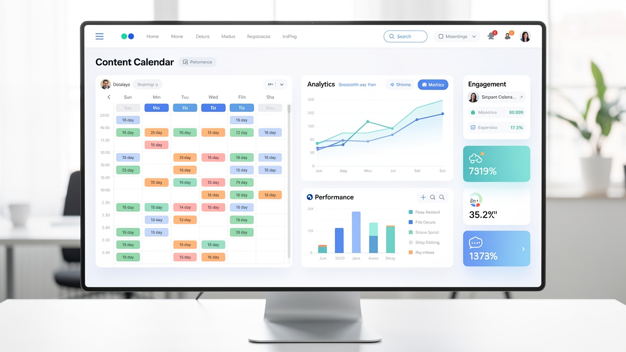 Painel digital organizado exibindo um calendário de conteúdo e gráficos de análise para e-commerce