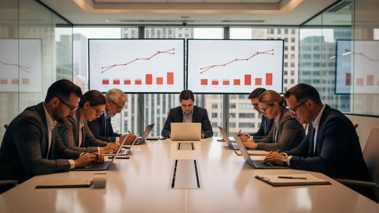 Equipe de marketing frustrada comparando gráficos iguais de dois canais diferentes em sala de reunião