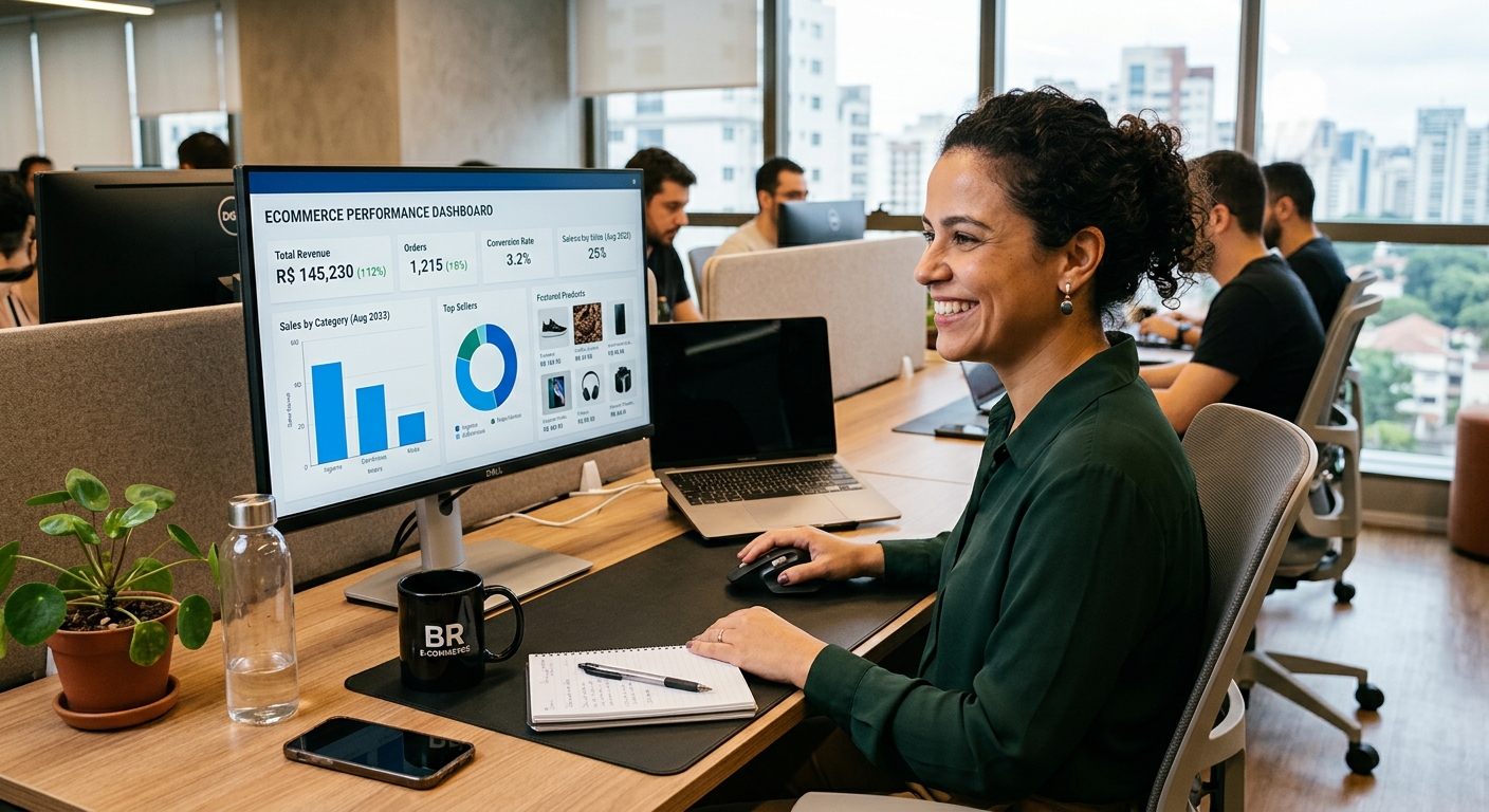Gestor de e-commerce brasileiro analisando um painel de produtos otimizado em sua tela de computador