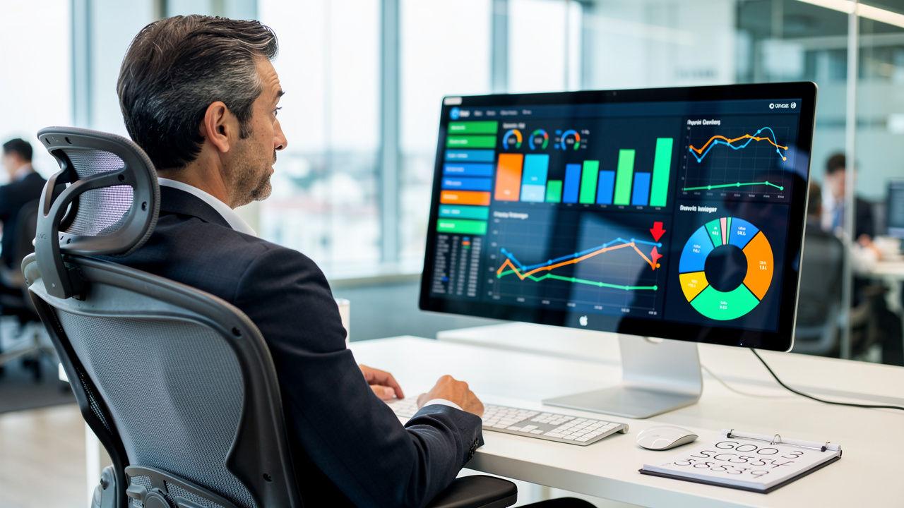 Gestor de marketing olhando painel de métricas coloridas com expressão de confusão