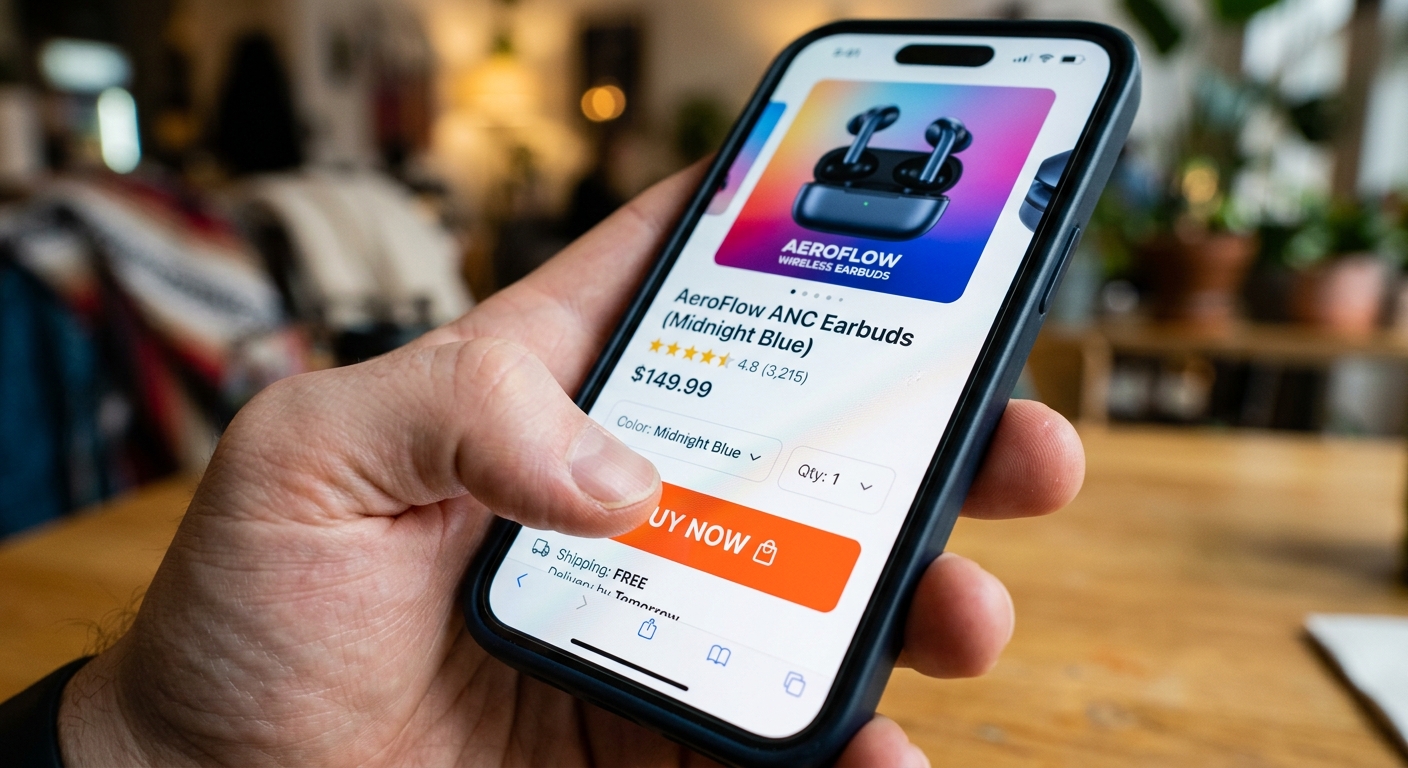 Dedo de uma pessoa prestes a clicar no botão de comprar em uma loja online no celular.