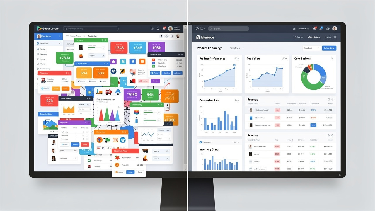 Comparação entre dashboard desorganizado versus organizado com dados claros de produtos e performance