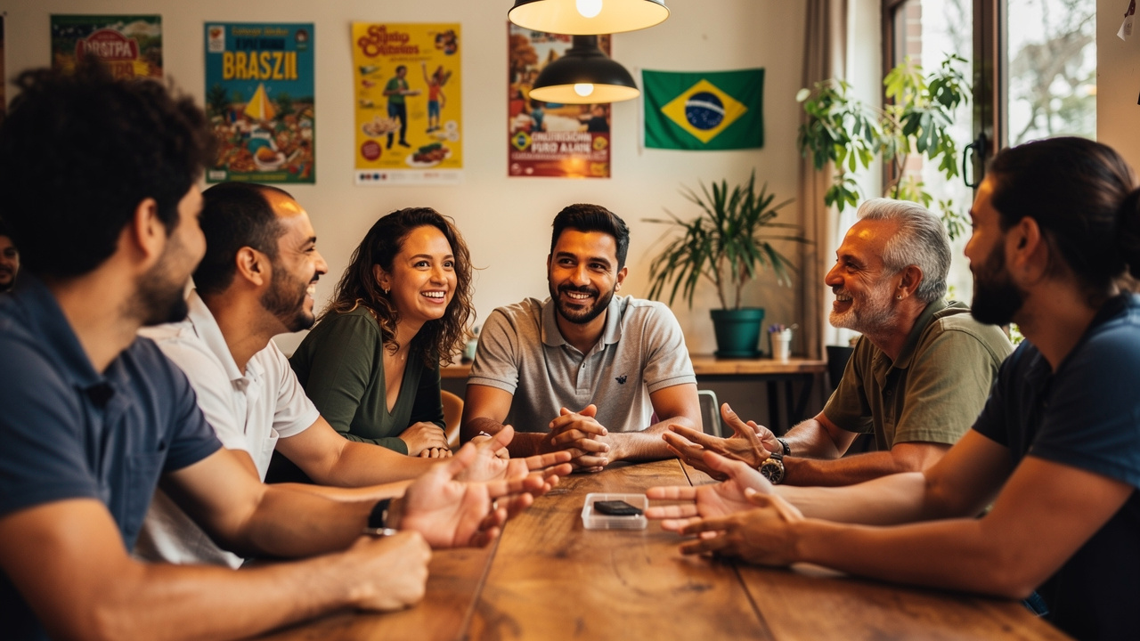 Equipe de pequena empresa reunida com clientes em evento comunitário aconchegante no Brasil
