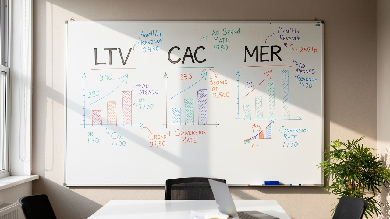 Quadro branco com métricas de marketing como LTV, CAC e MER escritas à mão em reunião