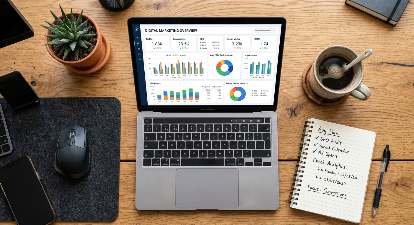 Mesa de trabalho com laptop exibindo um painel de marketing digital e uma xícara de café ao lado
