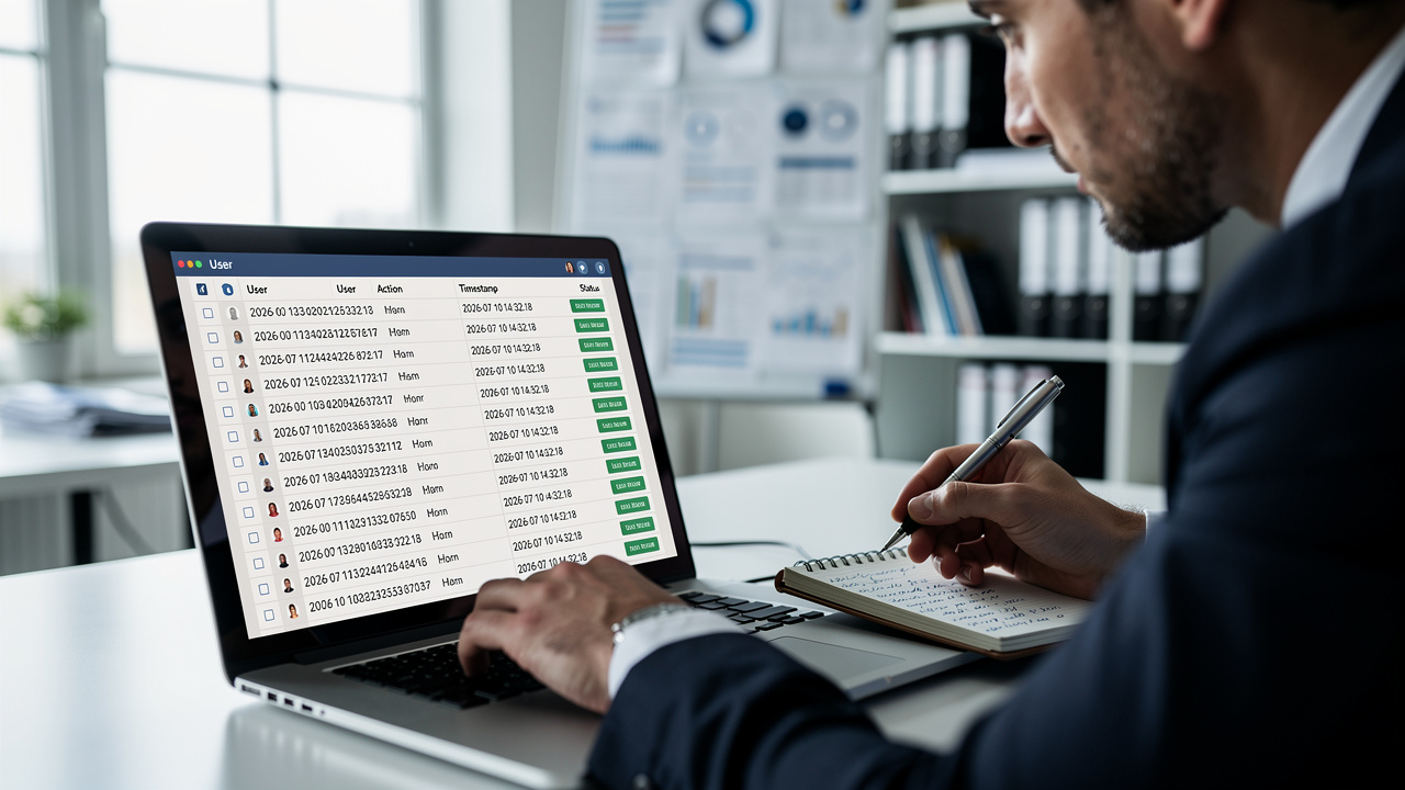 Gestor de compliance auditando registros digitais com logs e timestamps visíveis em laptop