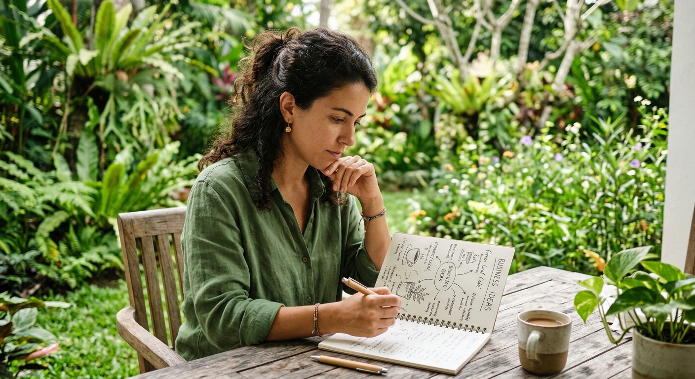 Pessoa escrevendo ideias criativas para novos negócios, cenário tranquilo e inspirador