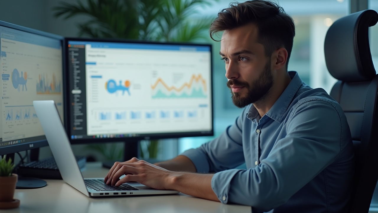 Gestor de e-commerce analisando um painel de dados de vendas em seu computador com dois monitores.