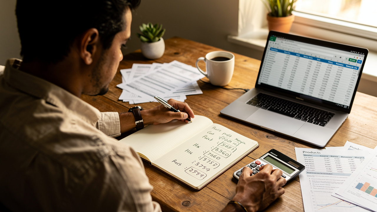 Empreendedor analisando margem de lucro por produto com calculadora e papéis financeiros na mesa