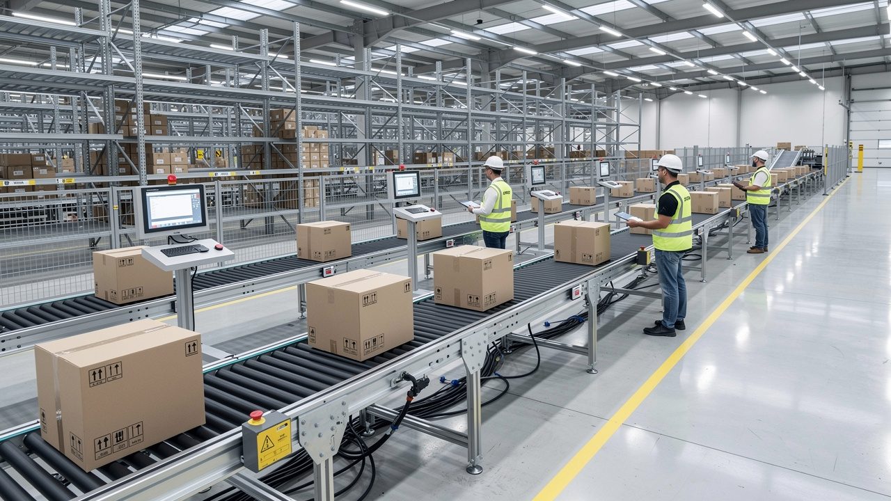 Armazém industrial moderno e organizado com esteiras automatizadas transportando caixas de produtos.