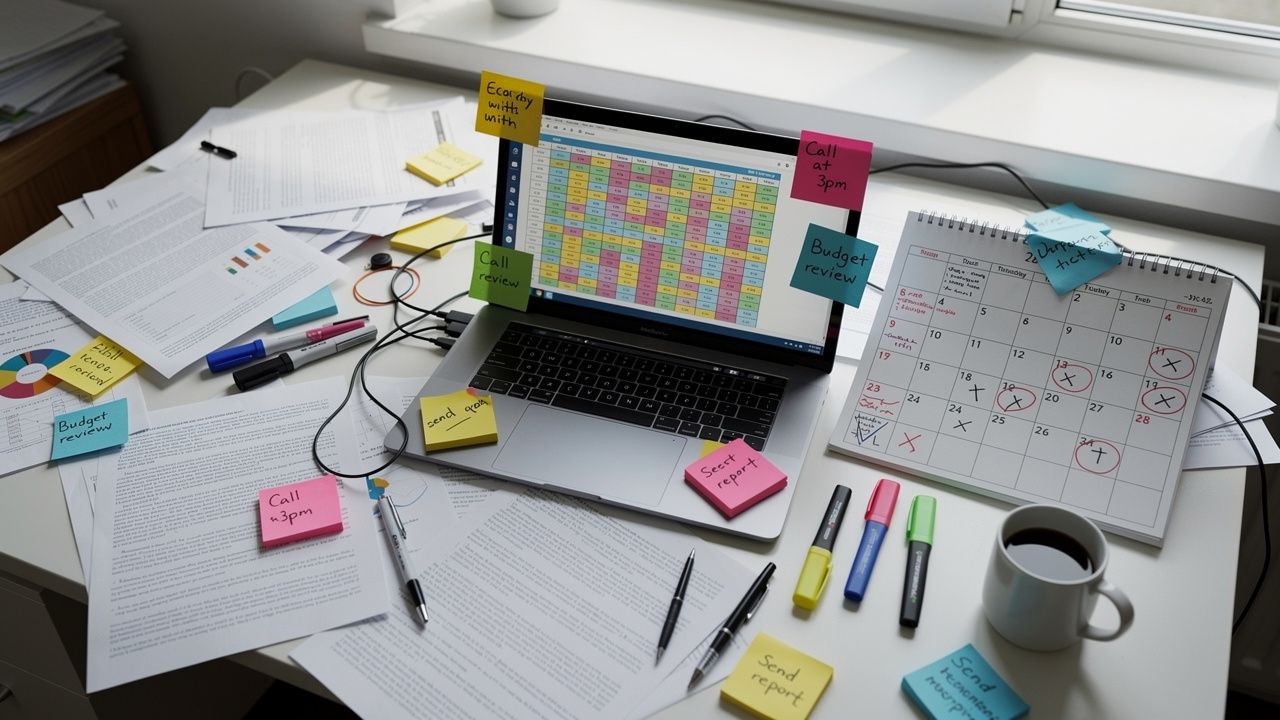 Mesa de trabalho desorganizada com papéis, laptop e notas adesivas simbolizando a gestão de conteúdo fragmentada