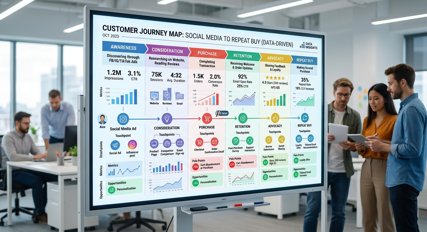 Mapa da jornada do cliente em um quadro digital, mostrando os pontos de contato da compra