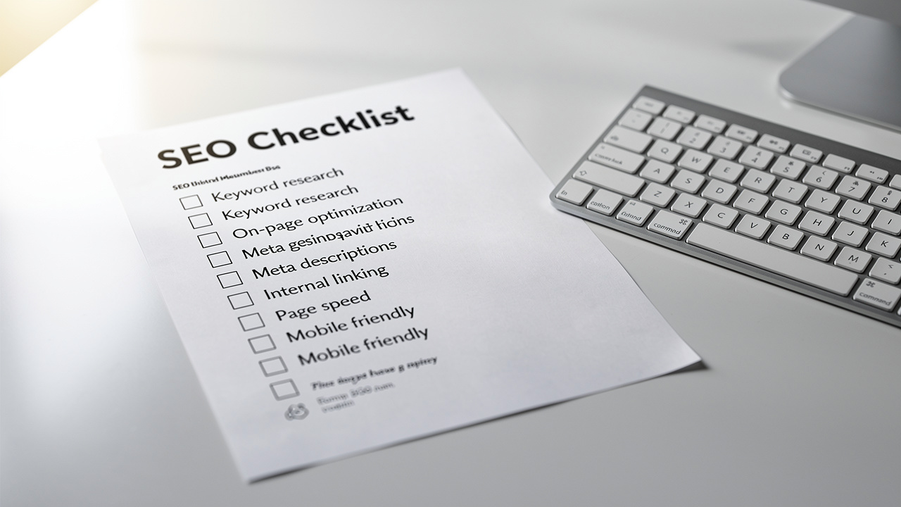 Checklist de SEO em papel sobre mesa com teclado e luz natural