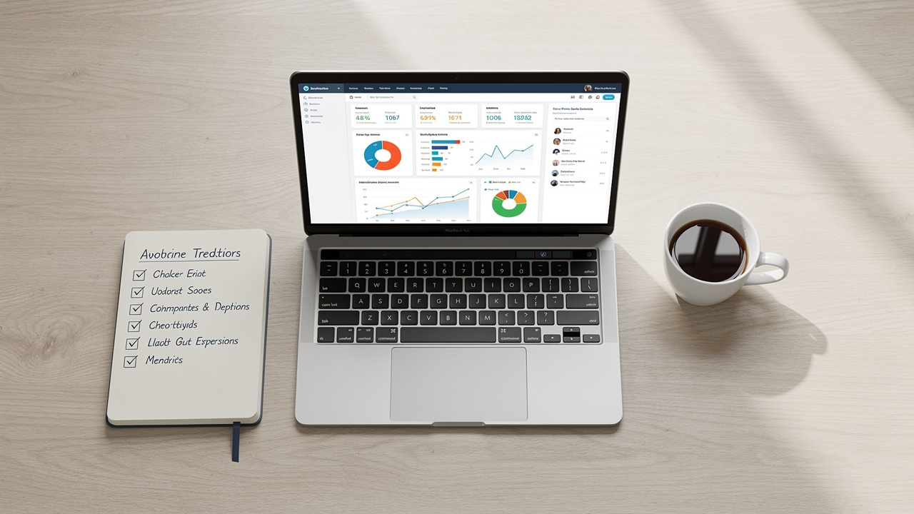 Mesa de trabalho organizada com laptop exibindo um painel de gestão, um caderno e uma xícara de café