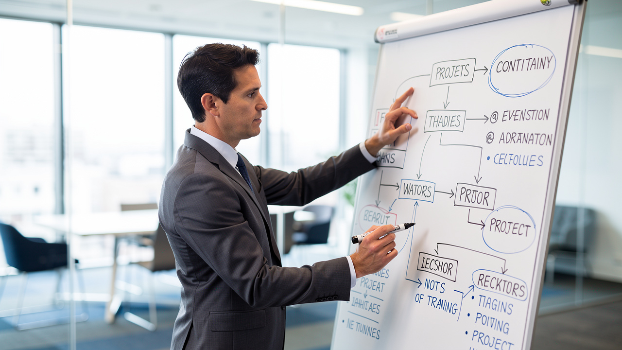 Profissional escrevendo anotações em quadro branco com diagramas em sala de reunião