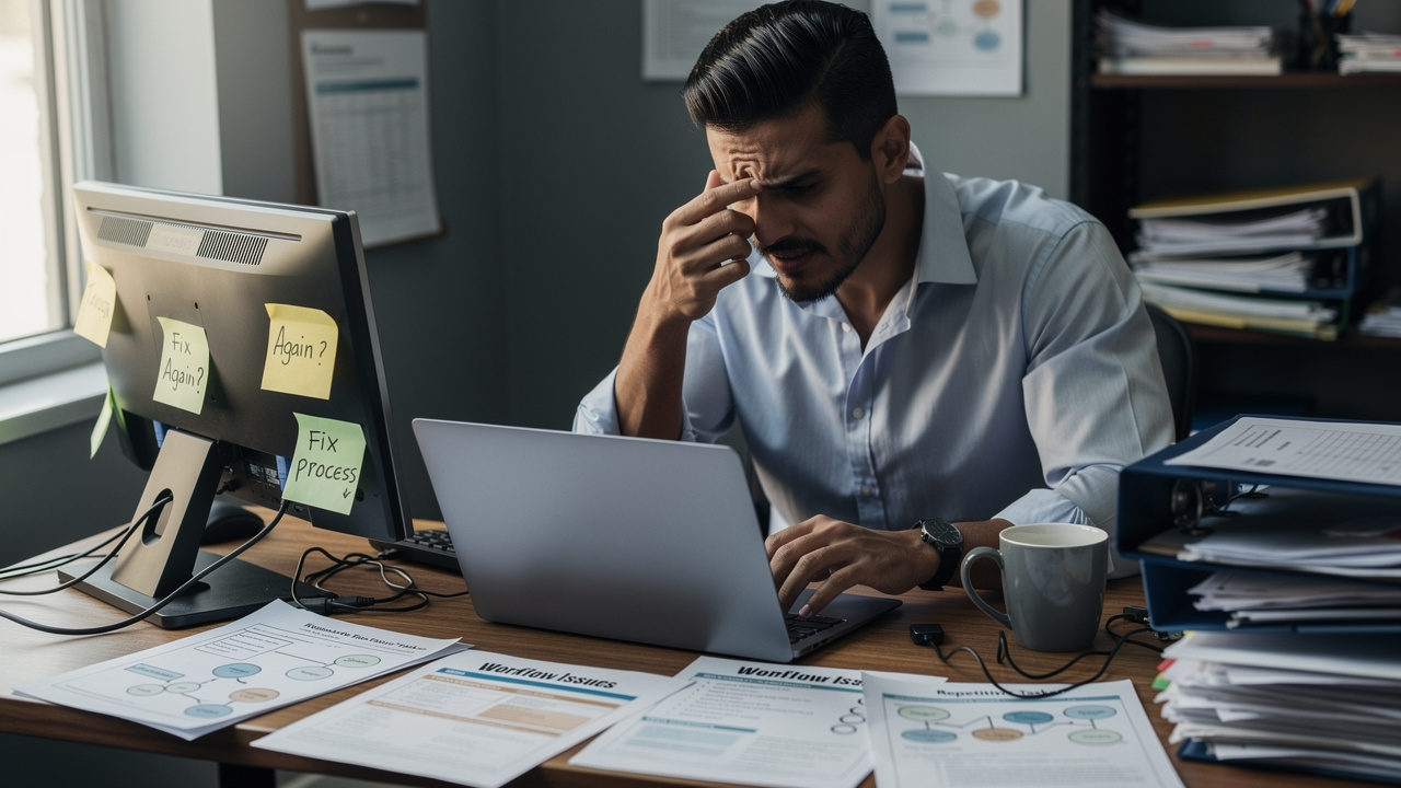 Gestor frustrado analisando problemas recorrentes de processo em laptop em escritório