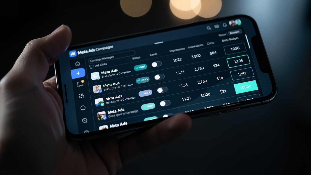 Tela de smartphone com gerenciador de campanhas da Meta mostrando conjuntos de anúncios e orçamento