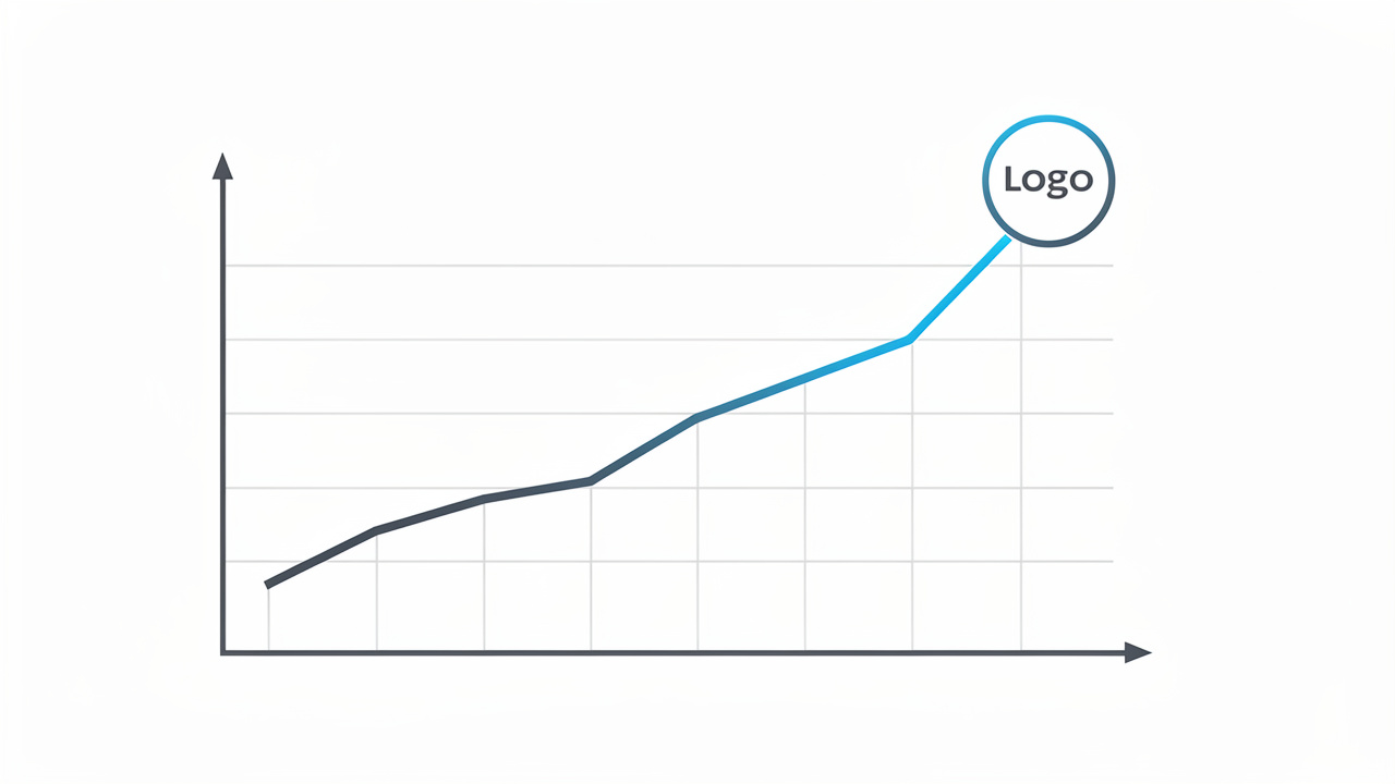 Gráfico de linha minimalista mostrando uma tendência de crescimento constante com o logo de uma marca no topo