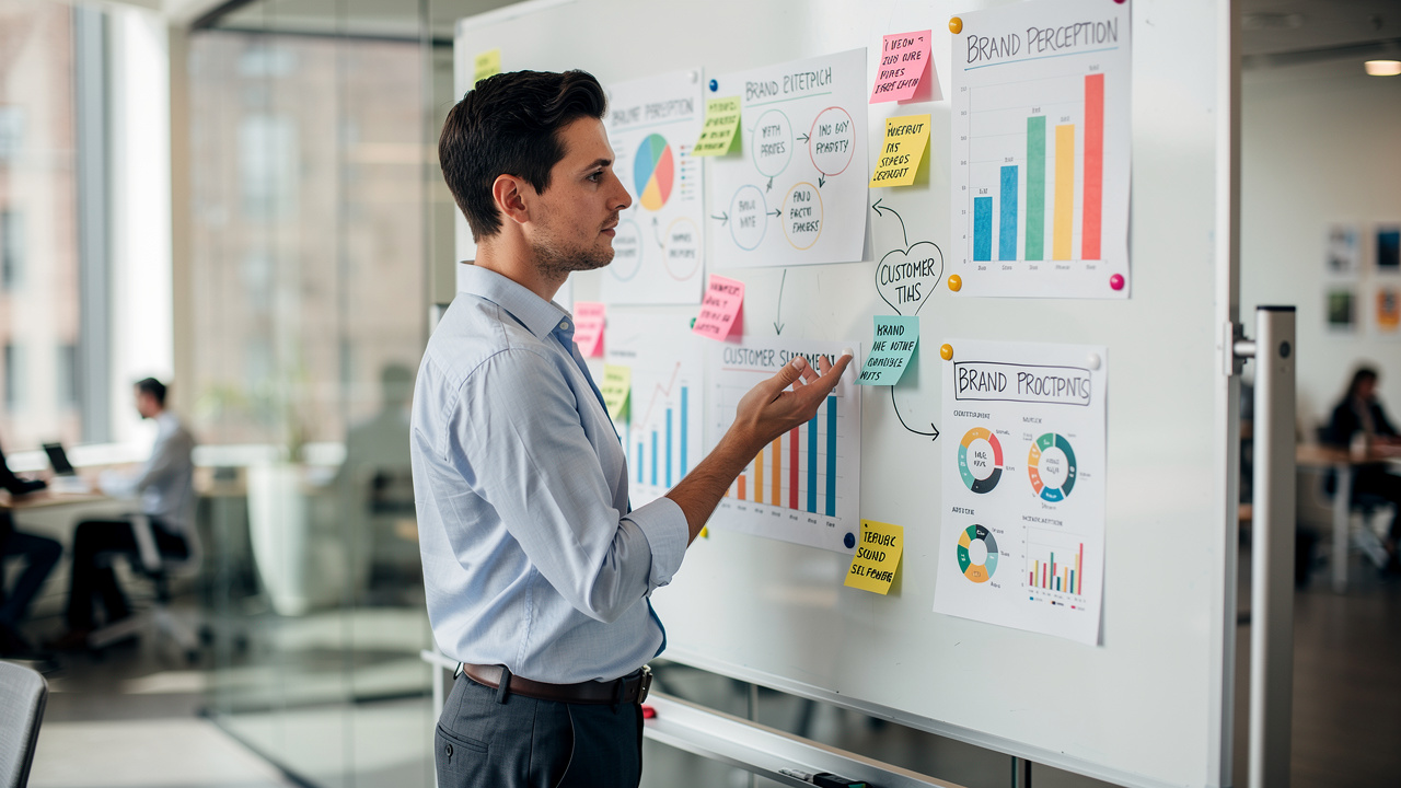 Estrategista de marca analisando gráficos de percepção em quadro branco em escritório moderno