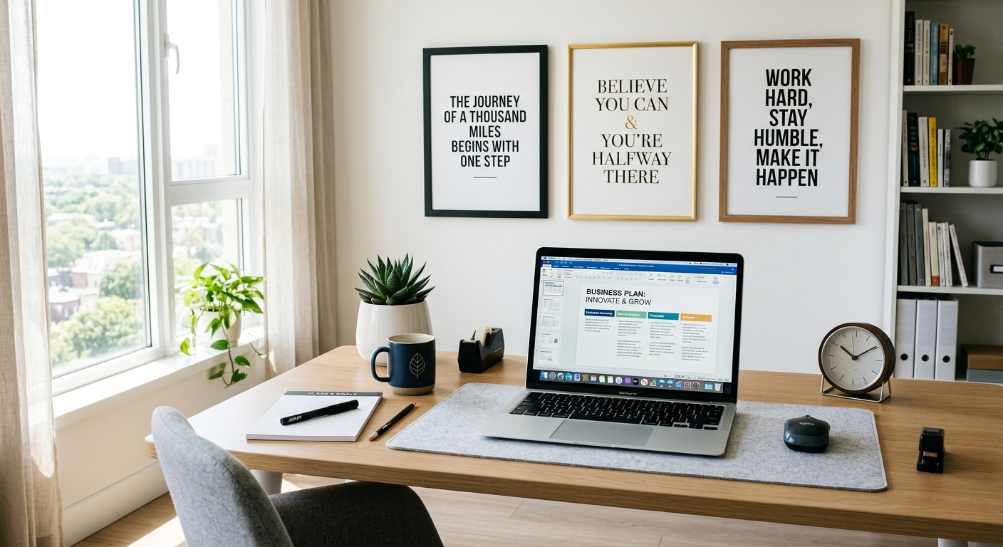 Espaço de trabalho organizado com citações motivacionais na parede, laptop aberto com um plano de negócios